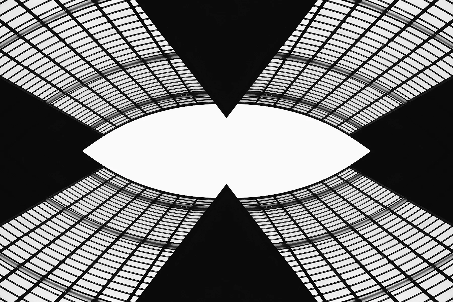 A black-and-white photograph of a modern building's curved glass ceiling seen from below, with an oval-shaped opening in the center.