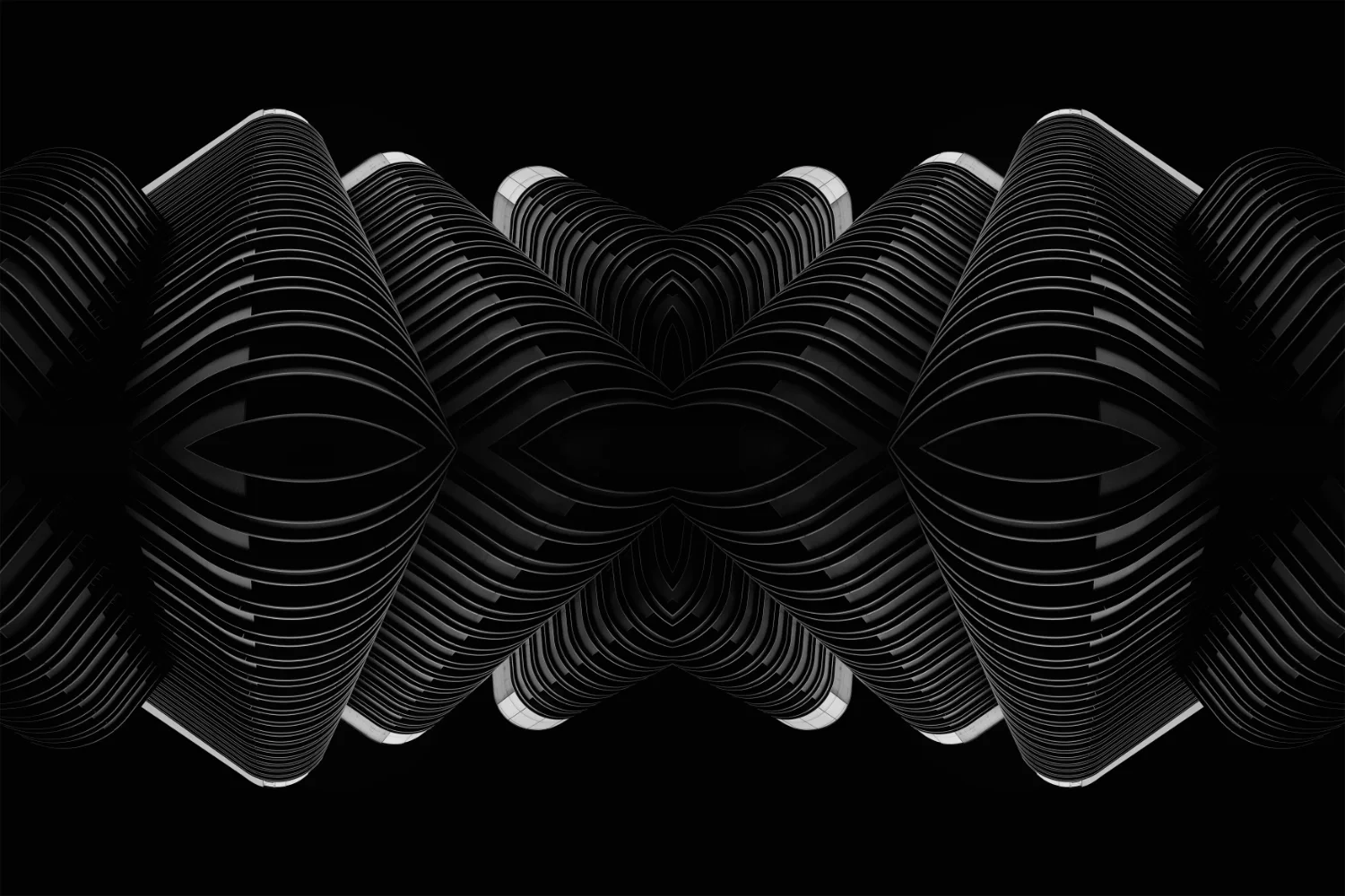 Futuristic black and white digital artwork of a symmetrical, abstract structure resembling layered, curved lines forming an intricate pattern.