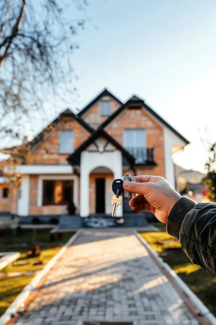 Person holding house keys in front of a new house during daylight.