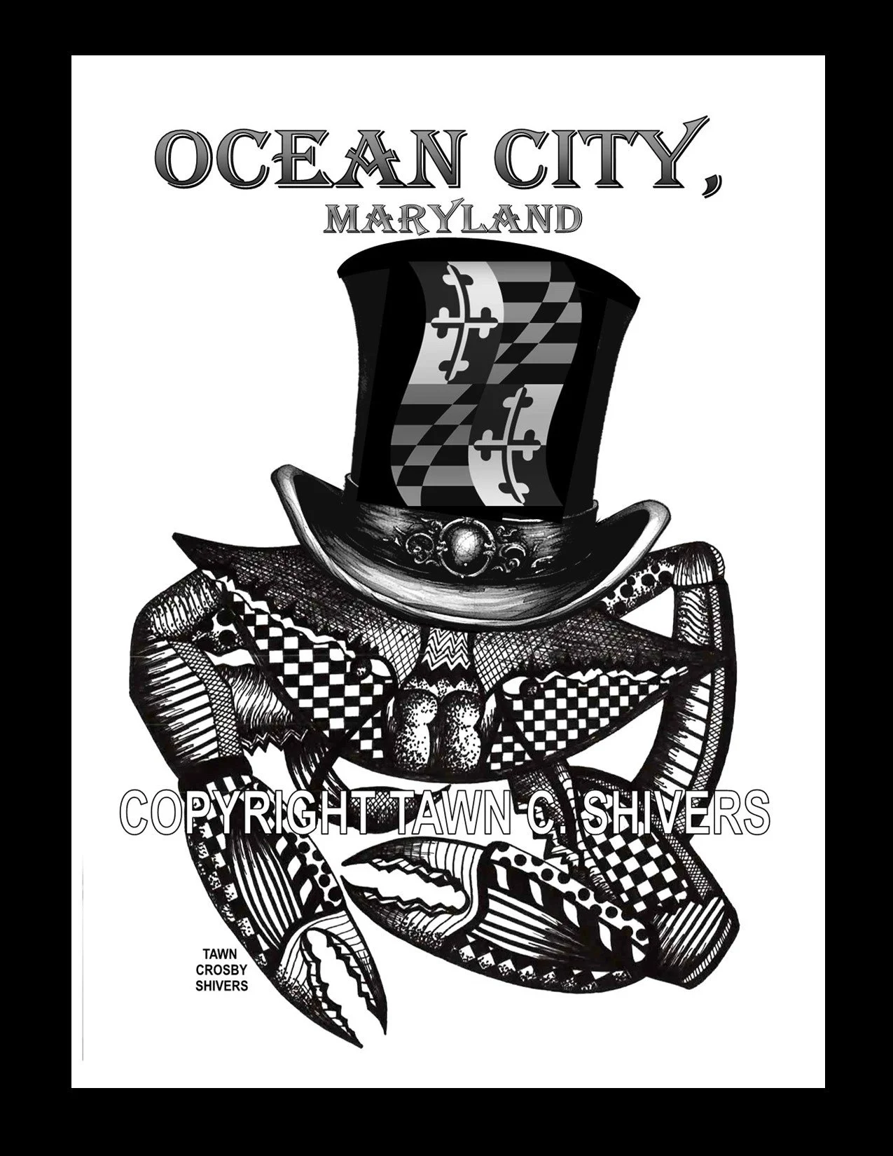OCEAN CITY, MARYLAND BLUE CRAB PEN AND INK FRAGMENTATION PRINT