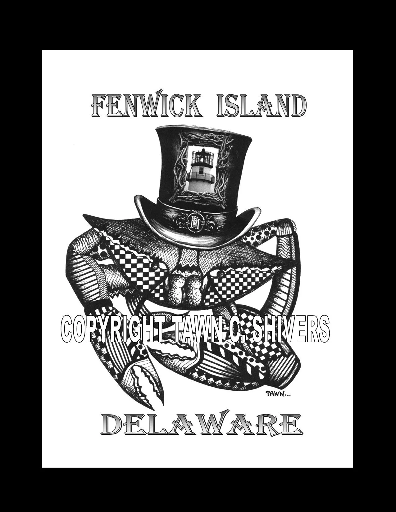FENWICK, DELAWARE BLUE CRAB PEN AND INK FRAGMENTATION PRINT