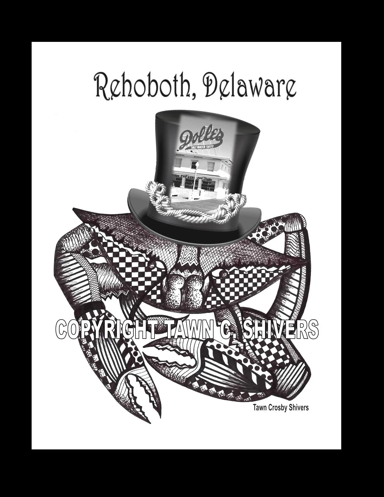 REHOBOTH BEACH, DELAWARE BLUE CRAB PEN AND INK FRAGMENTATION PRINT