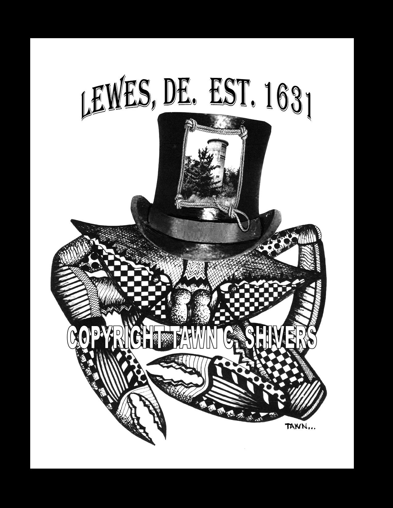 LEWES, DELAWARE BLUE CRAB PEN AND INK FRAGMENTATION PRINT