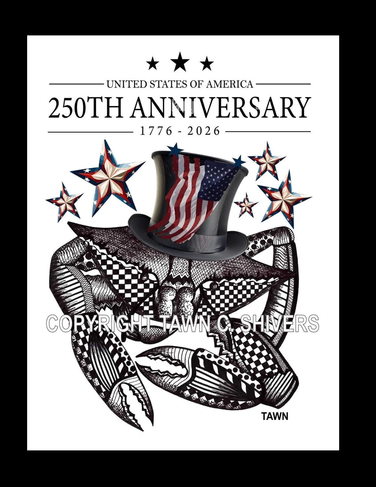 AMERICA 250 YEAR ANNIVERSARY BLUE CRAB PEN AND INK FRAGMENTATION PRINT
