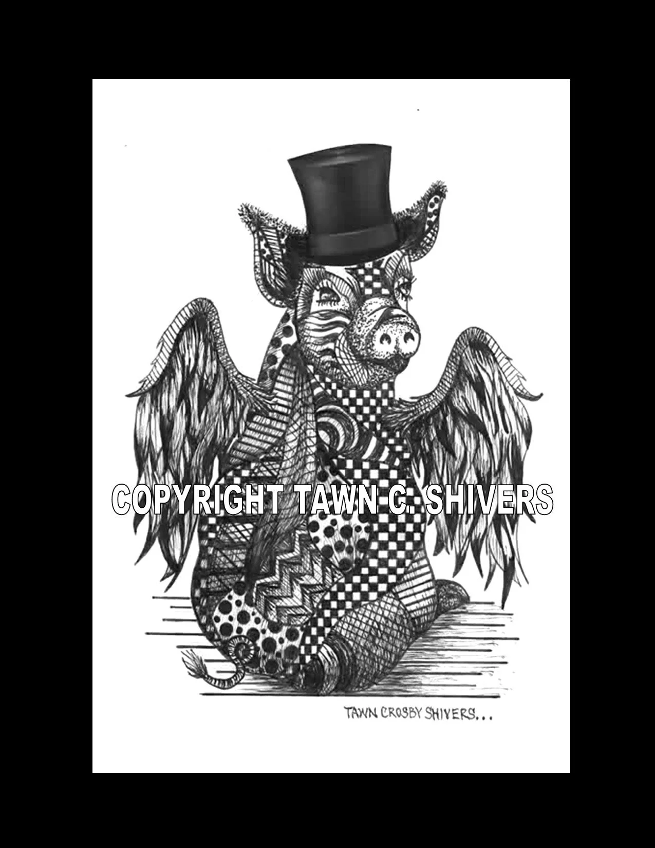 PIG WEARING TOP HAT LOOKING OVER SHOULDER FRAGMENTATION