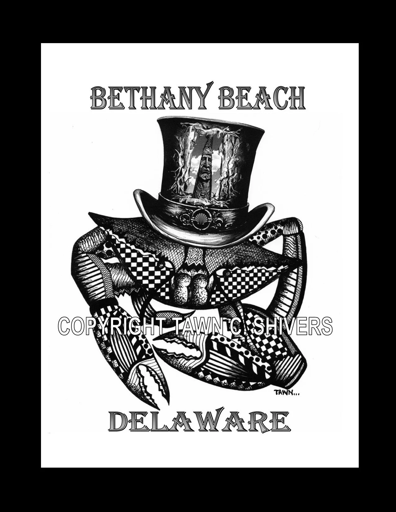 BETHANY BEACH, DELAWARE BLUE CRAB PEN AND INK FRAGMENTATION PRINT