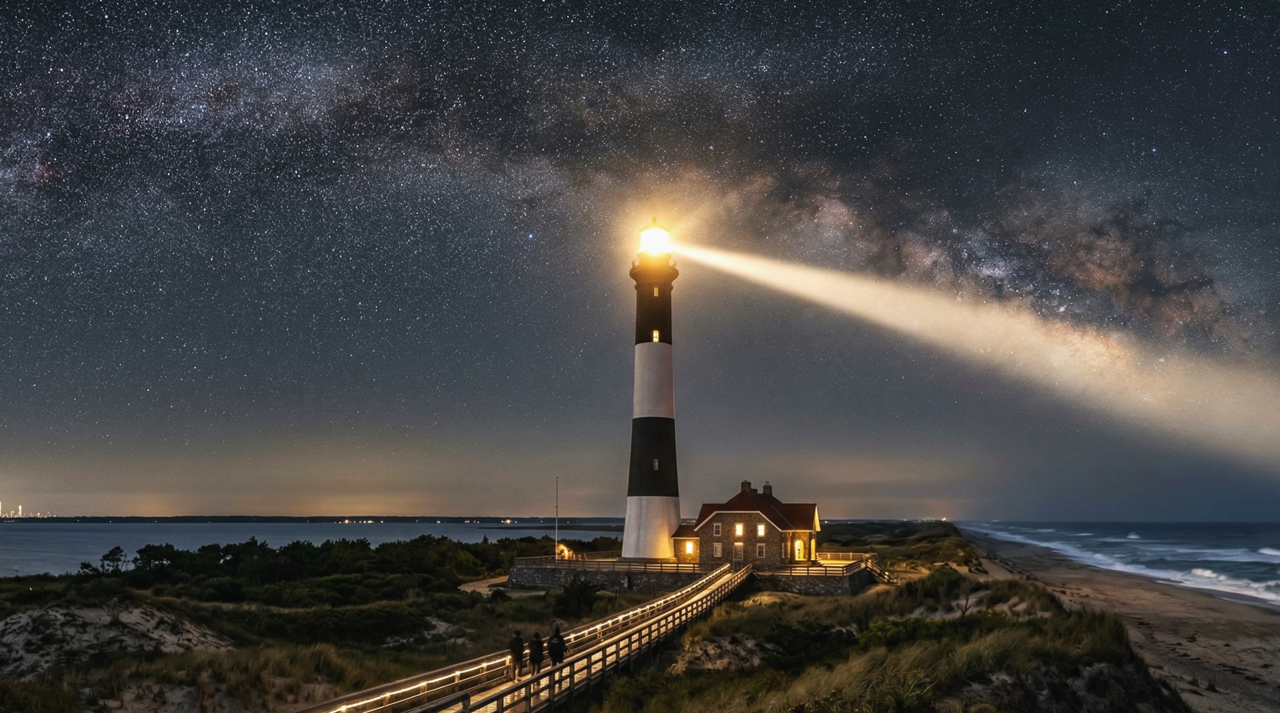 Lighthouse on a sandy coastal area with the Milky Way and stars visible in the night sky overhead.