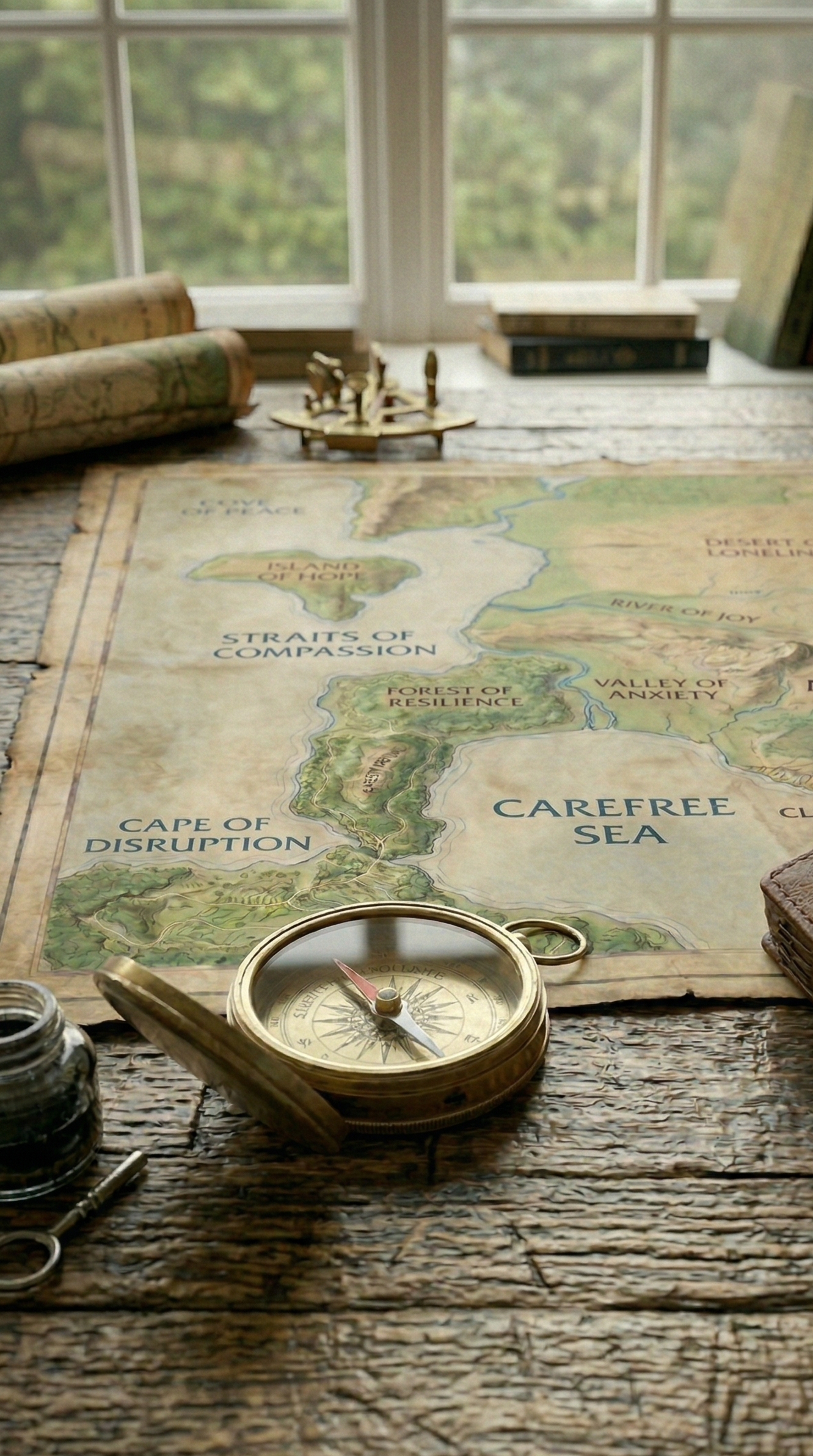 An old wooden table with a vintage map, a brass compass, ink and a key, with a window showing greenery outside.