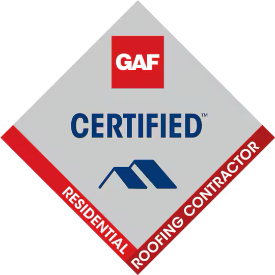 GAF Certified Residential Roofing Contractor logo with a red and gray diamond-shaped design.