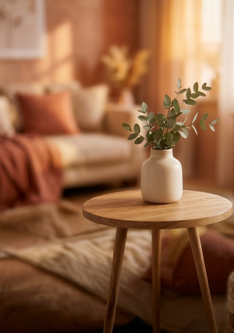 Vase blanc avec branches de eucalyptus sur une petite table en bois dans un salon chaleureusement décoré.