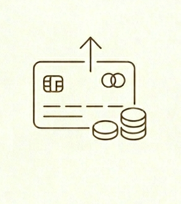 Une illustration simple d'une carte bancaire avec deux piles de pièces de monnaie devant.