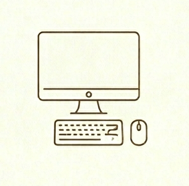 Illustration simple d'un ordinateur de bureau avec moniteur, clavier et souris.