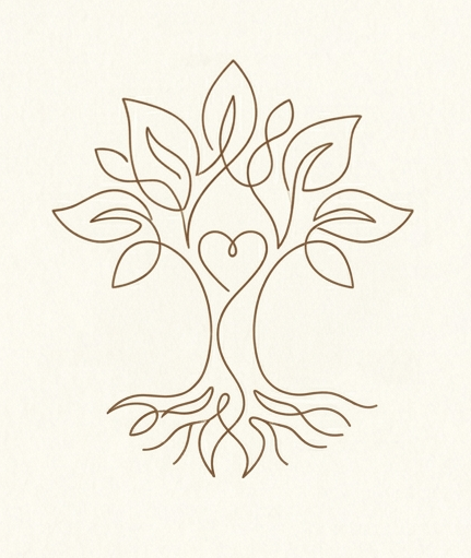 Dessins minimaliste d'un arbre avec un cœur au centre, des branches et des feuilles