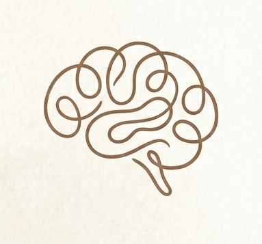 Dessins d'un cerveau stylisé en lignes brunes sur fond blanc.