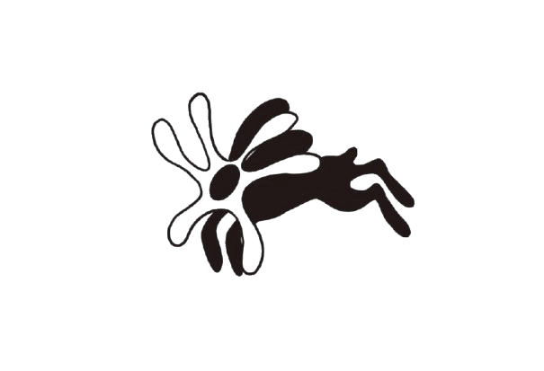 Silhouette of a black bunny with the shape of round flower petals coming out around the bunny head.