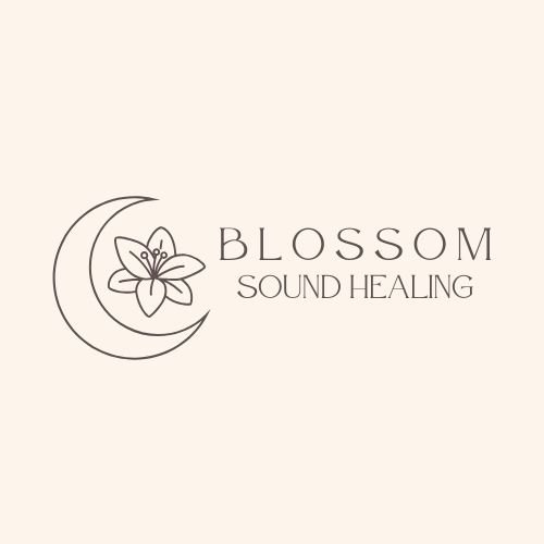 Logo for Blossom Sound Healing with a crescent moon and a flower illustration.