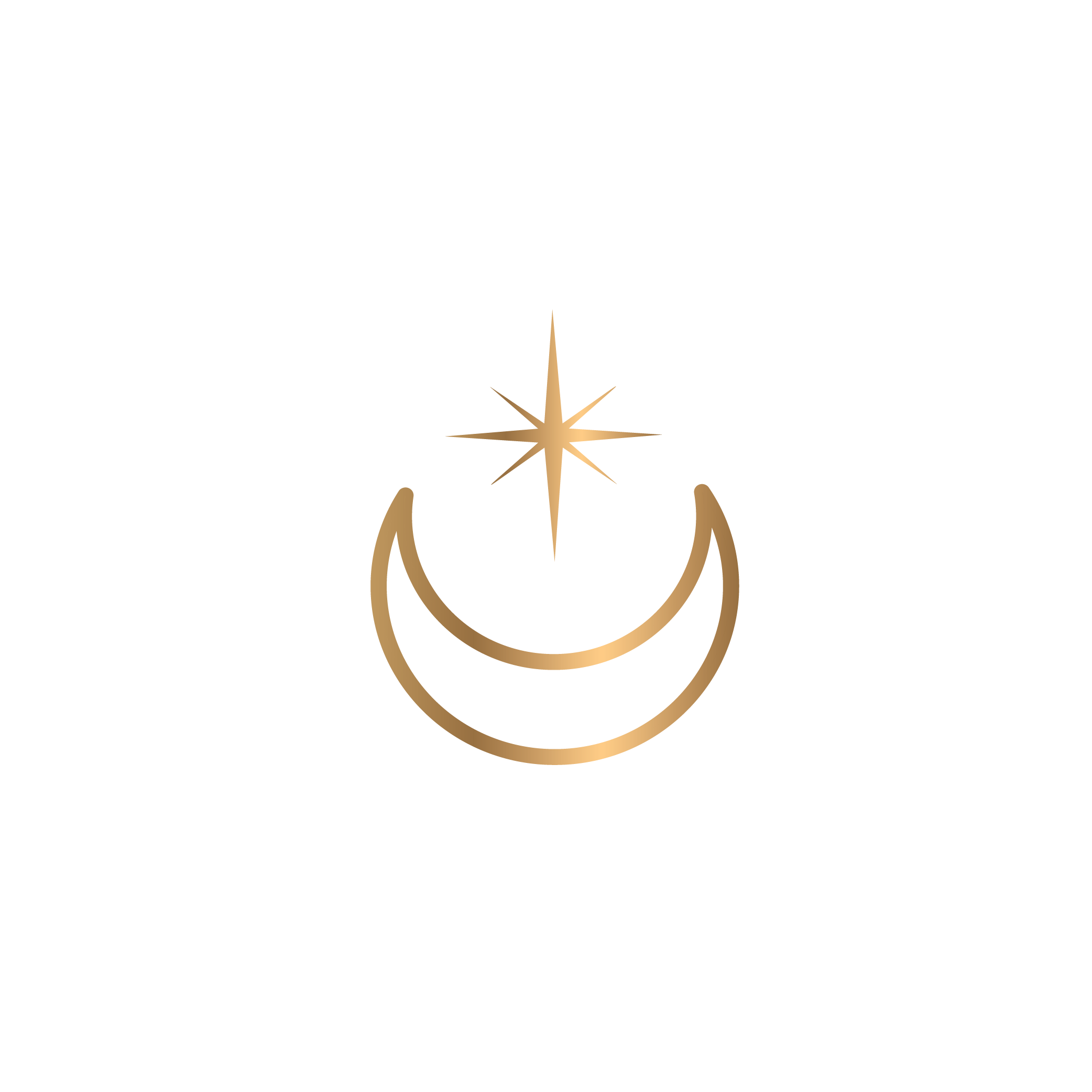 A stylized black background with concentric white circles radiating from the center and a gold star at the center with a gold crescent below it.
