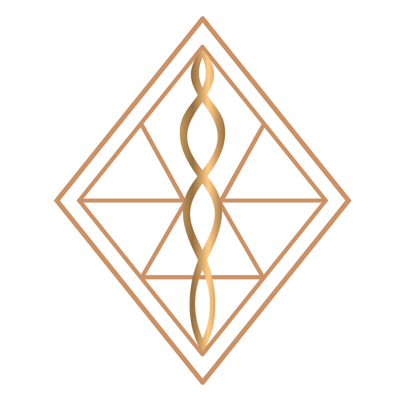 A geometric design with interconnected lines forming diamonds and triangles, featuring a vertical, braided-like element in the center, in gold against a black background.