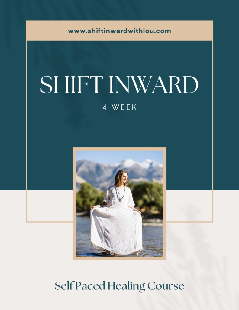 Promotion for a four-week self-paced healing course called "Shift Inward" featuring a woman in a white dress standing in a river with mountains in the background.