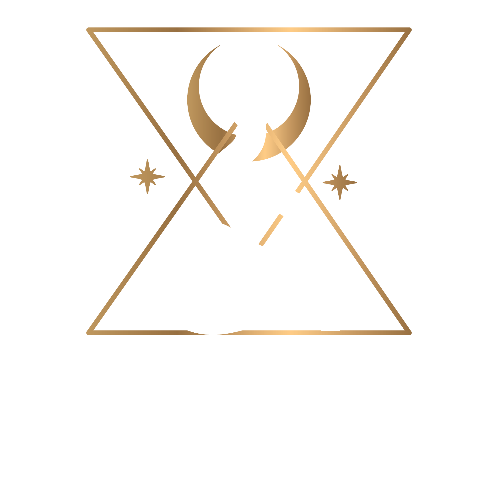 Gold triangle with an inverted triangle on top of it, with a moon and two stars.