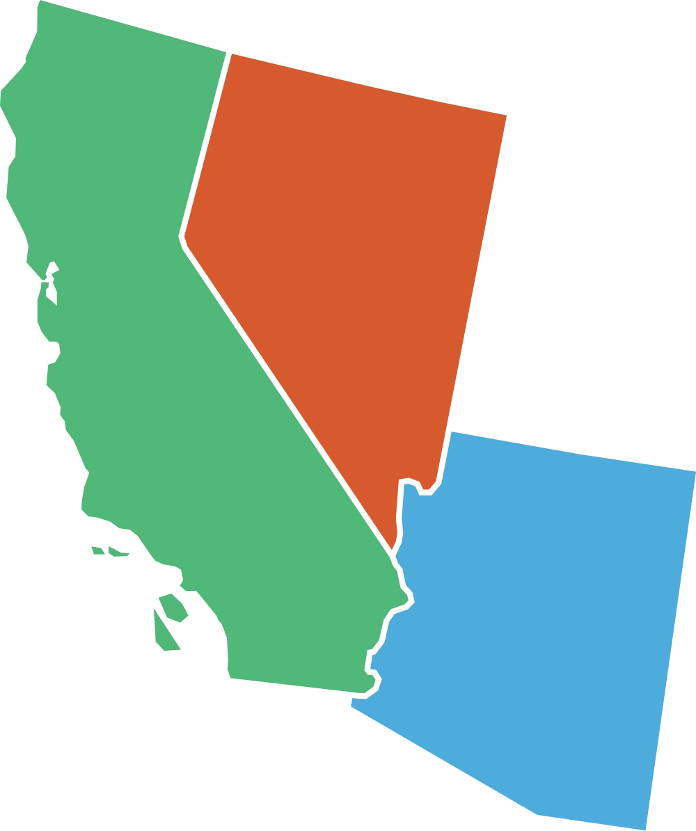 Various colored map showing California, Nevada, and Arizona showcasing ELMT Consulting's reach.