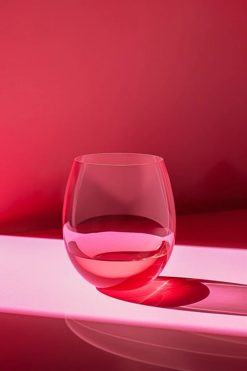 A glass of red wine on a pink surface with a pink background, casting a shadow.