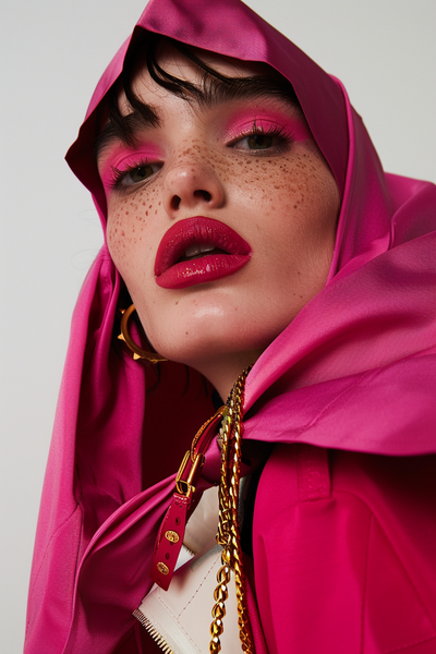 A woman wearing a pink hooded jacket with matching pink eye makeup and lipstick, gold earrings, and gold chains.