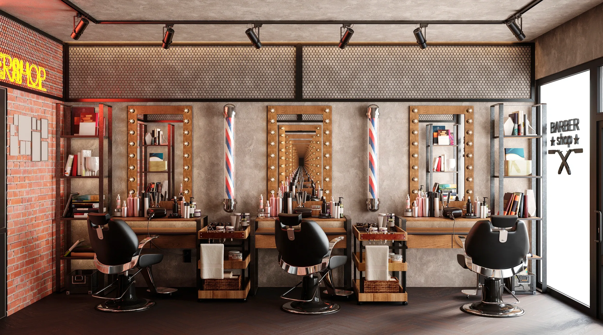 Inside a modern barbershop with three styling stations, each with a mirror surrounded by decorative light bulbs, barber chairs, and shelves with grooming products. The shop features a brick wall, industrial-style ceiling lighting, and a sign that says 'Barber Shop' next to a scissors icon.
