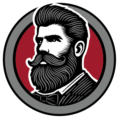 Stylized illustration of a man with a thick beard, mustache, and neatly combed hair, wearing a suit and bow tie, within a circular emblem with red, black, and gray colors.