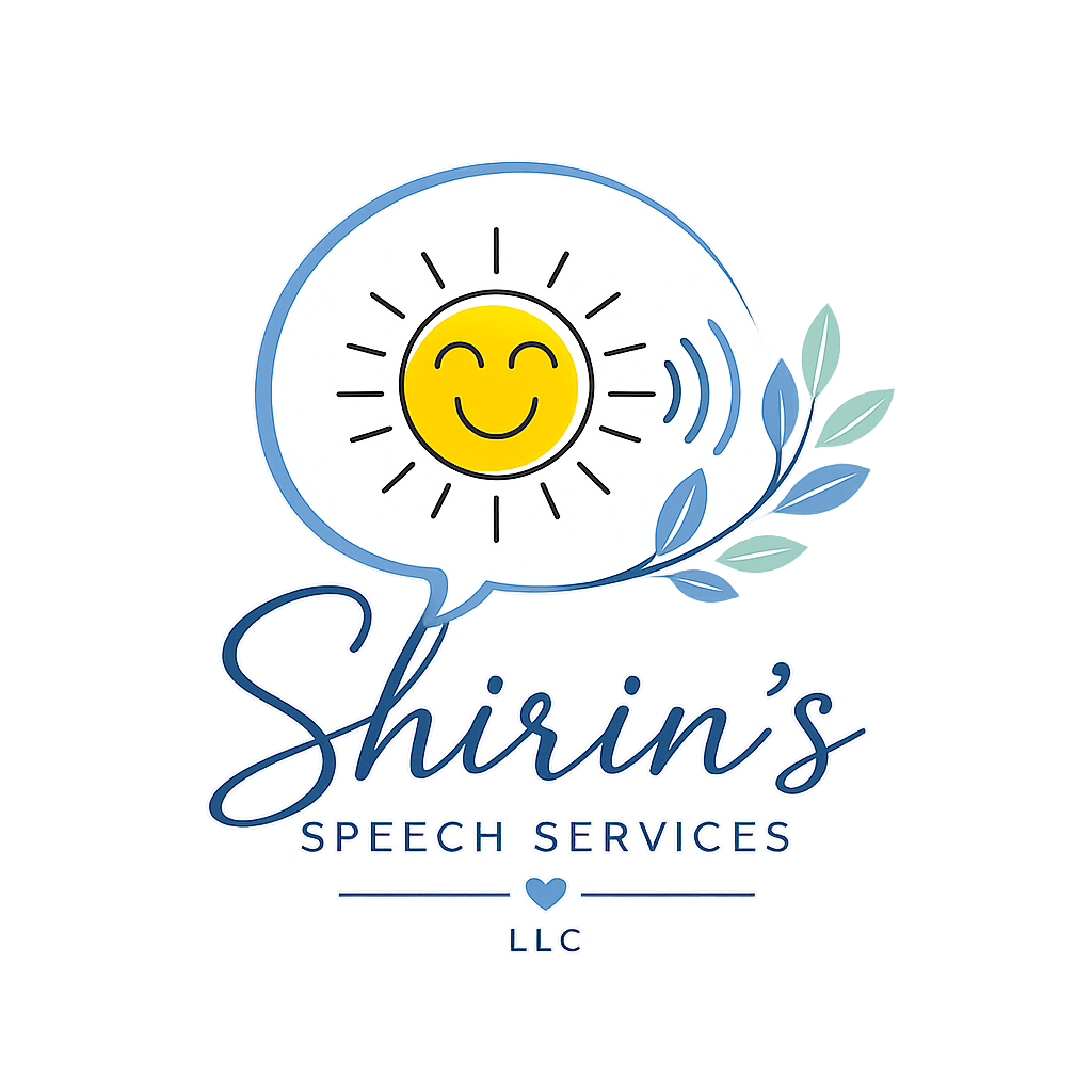 Logo for Shirin's Speech Services LLC featuring a smiling sun inside a speech bubble, with blue leaves surrounding it, and the business name written in script and capital letters.