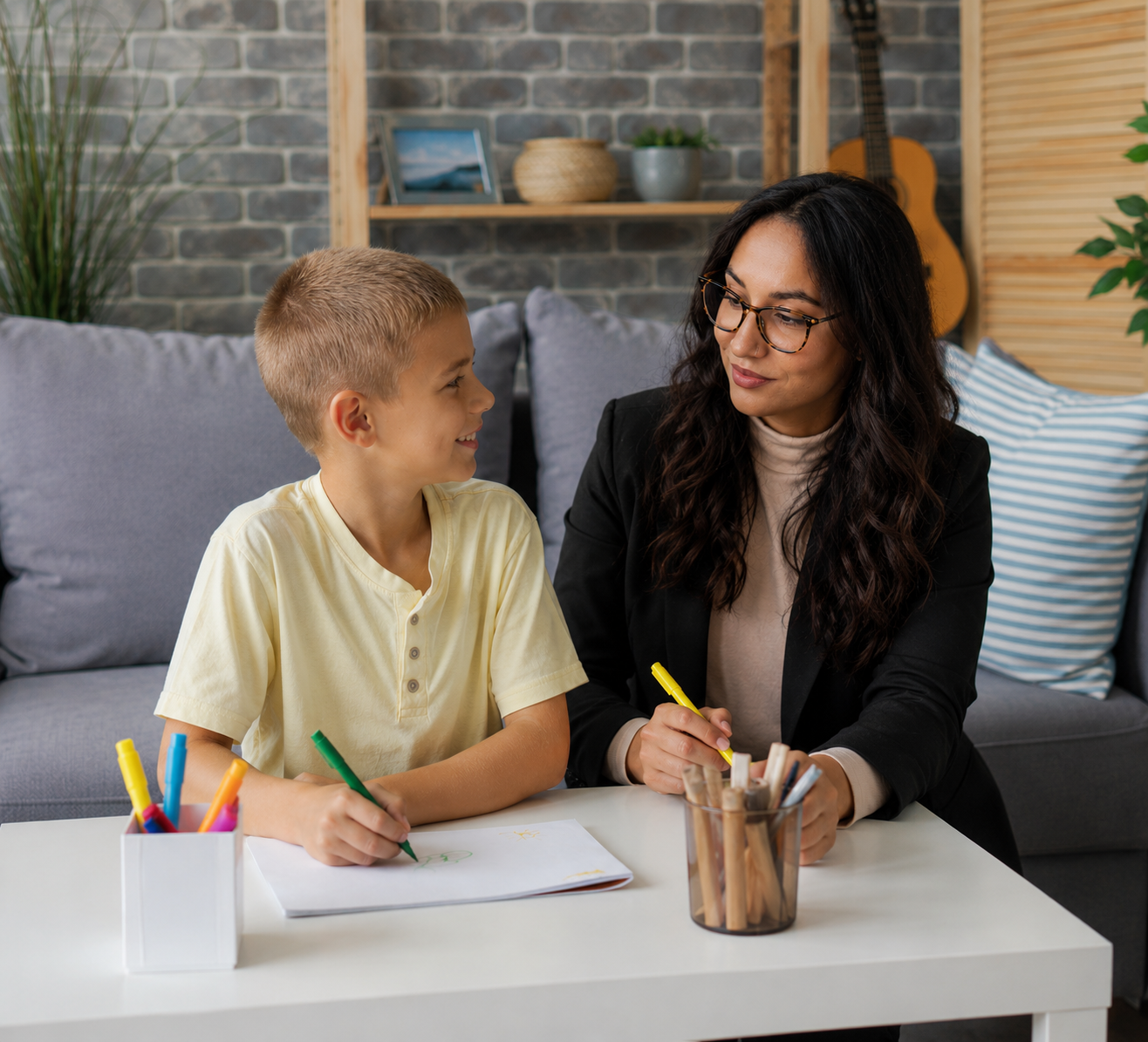A woman and young boy sit at a white table making art with markers. The woman has dark wavy hair, glasses, and wears a black blazer, while the boy has short blonde hair and wears a yellow shirt. The background shows a gray brick wall, couch with gray pillows, and a guitar hanging on the wall.