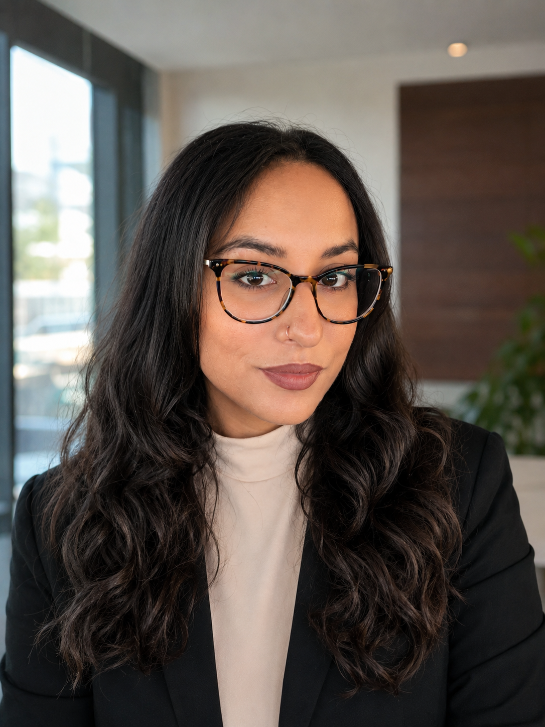 A woman with dark, curly hair and glasses looking into the camera in an office setting.