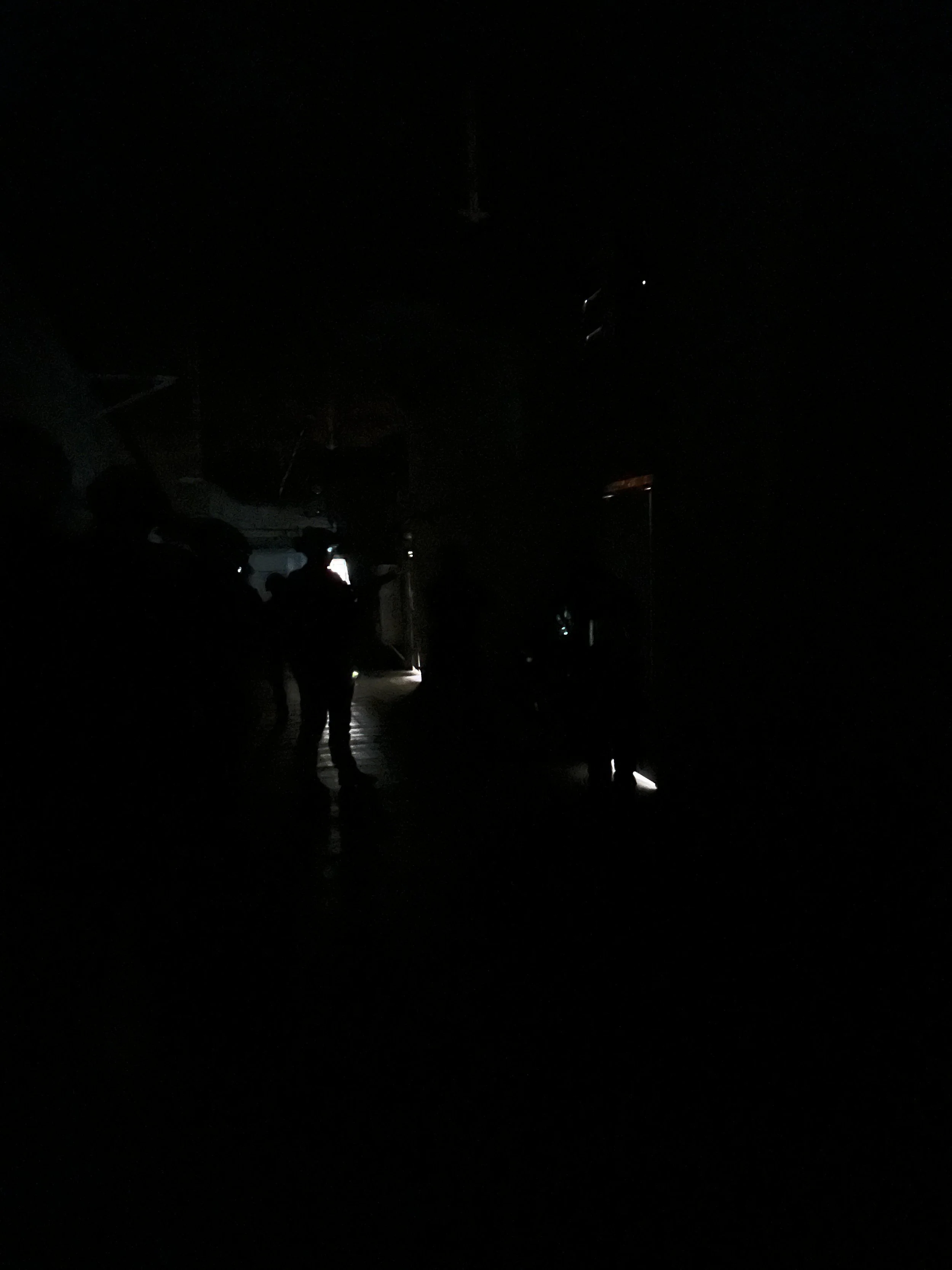 Dark image of a room or hallway with silhouettes of people walking, limited lighting, and some illuminated screens or objects.
