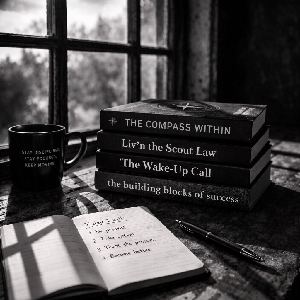 A stack of motivational books, a mug with an inspirational quote, an open notebook with a daily affirmation, and a pen on a rustic wooden table by a window.