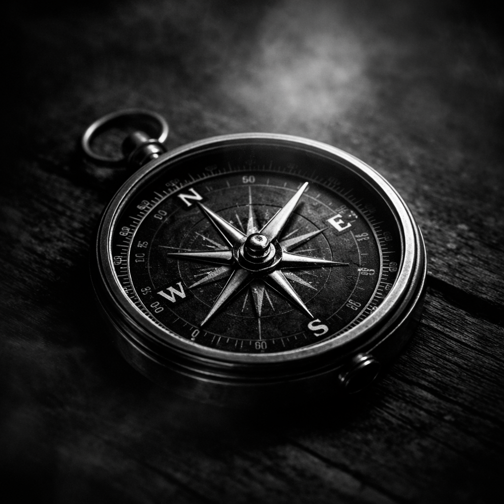 Black and white photo of a vintage compass on a wooden surface.