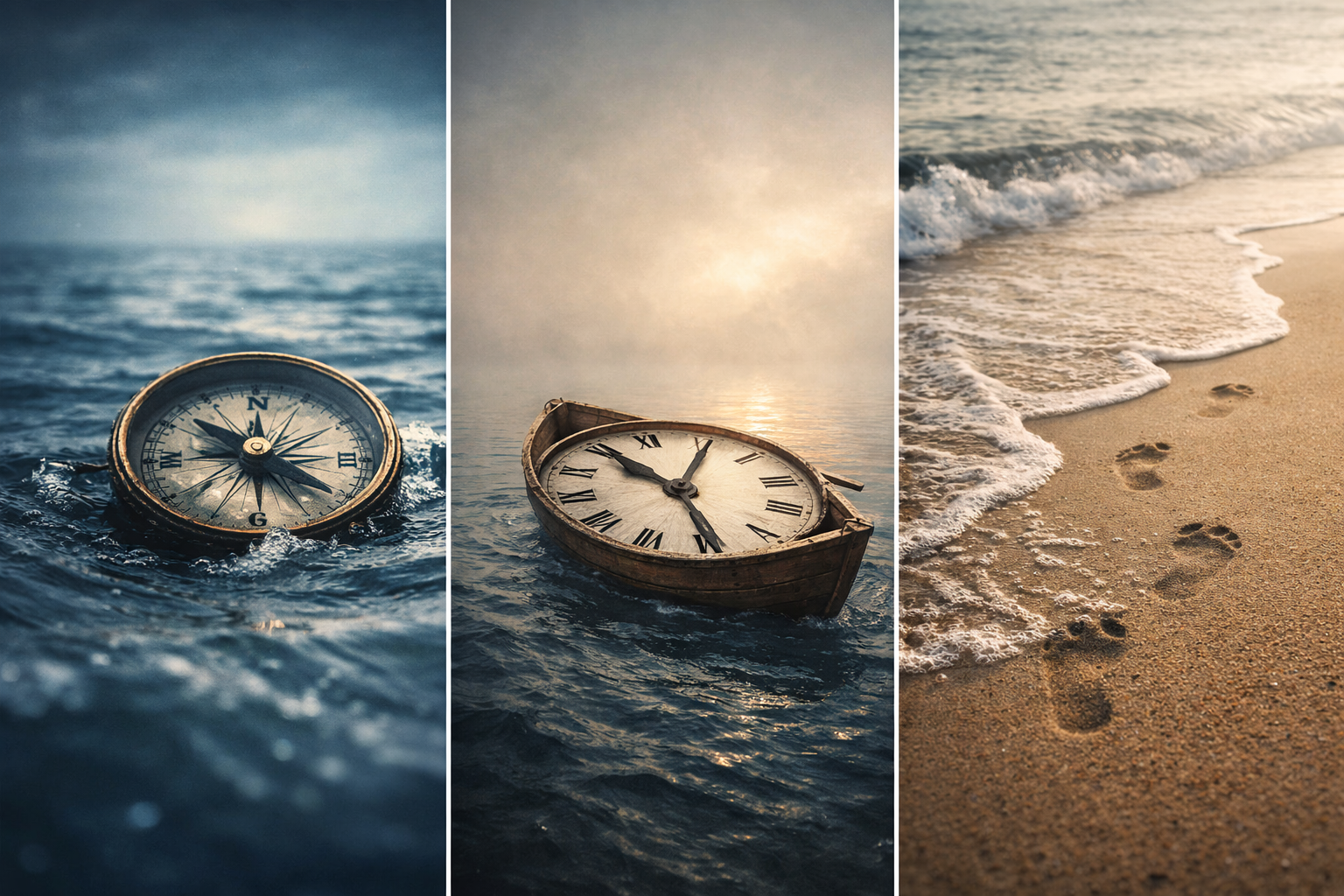 Three separate images of an ocean scene: first showing a compass floating in the water, second showing a pocket watch floating in the water at sunset, third showing footprints in the sand by the shoreline with gentle waves