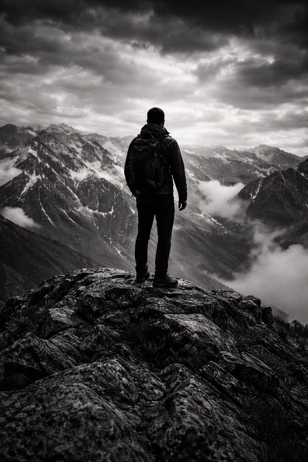 A person stands on a rocky outcrop overlooking a mountain range with snow-capped peaks and clouds in the sky.