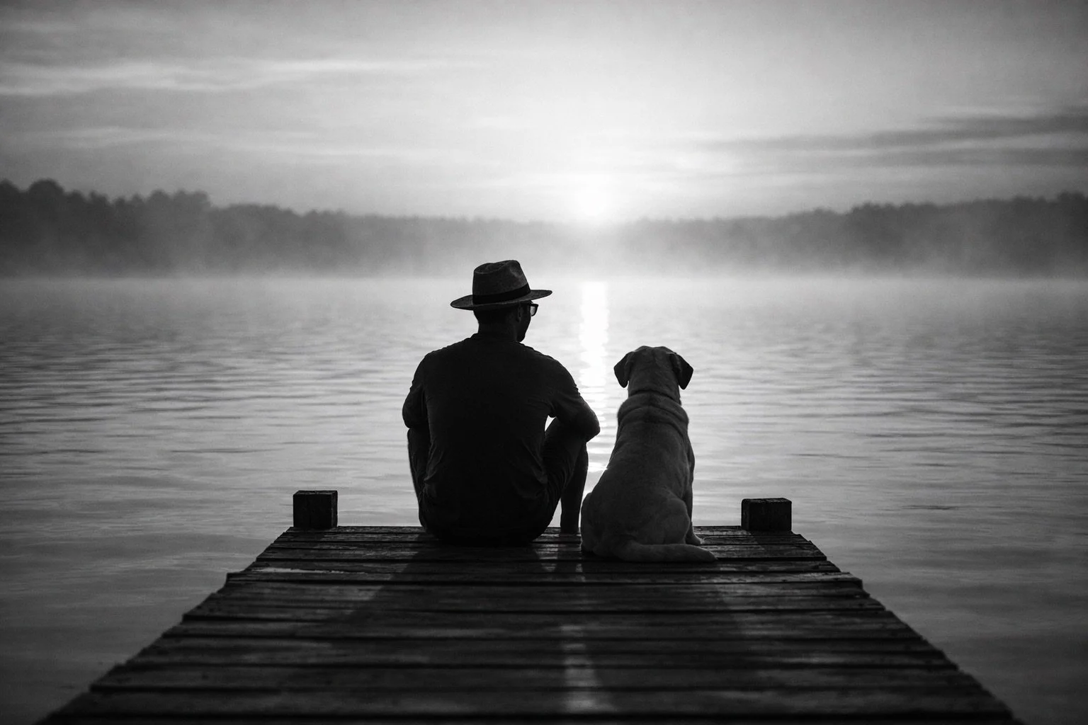 A person with a hat and glasses sitting on a wooden dock beside a dog, watching the sunset over a calm lake in black and white.