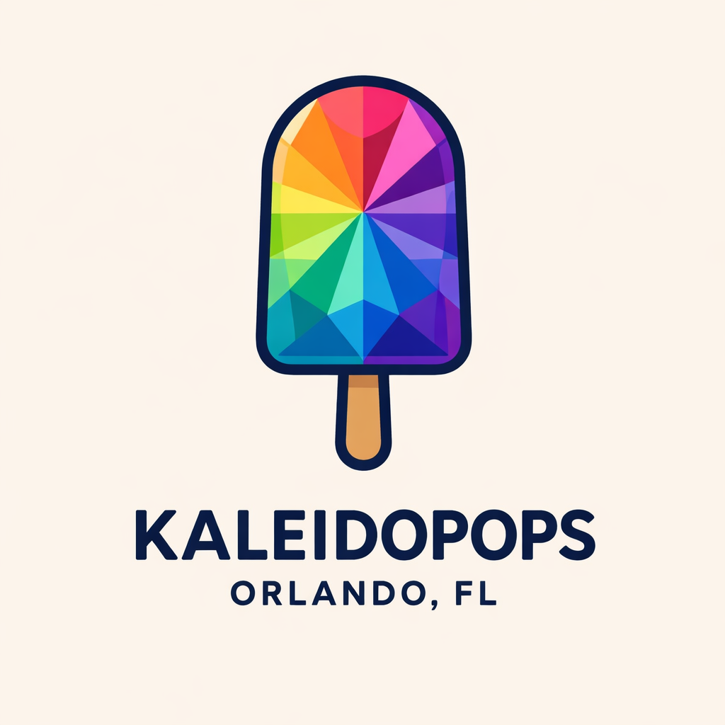 Colorful kaleidoscope-themed popsicle with text 'KALEIDOPOPS ORLANDO, FL' underneath.