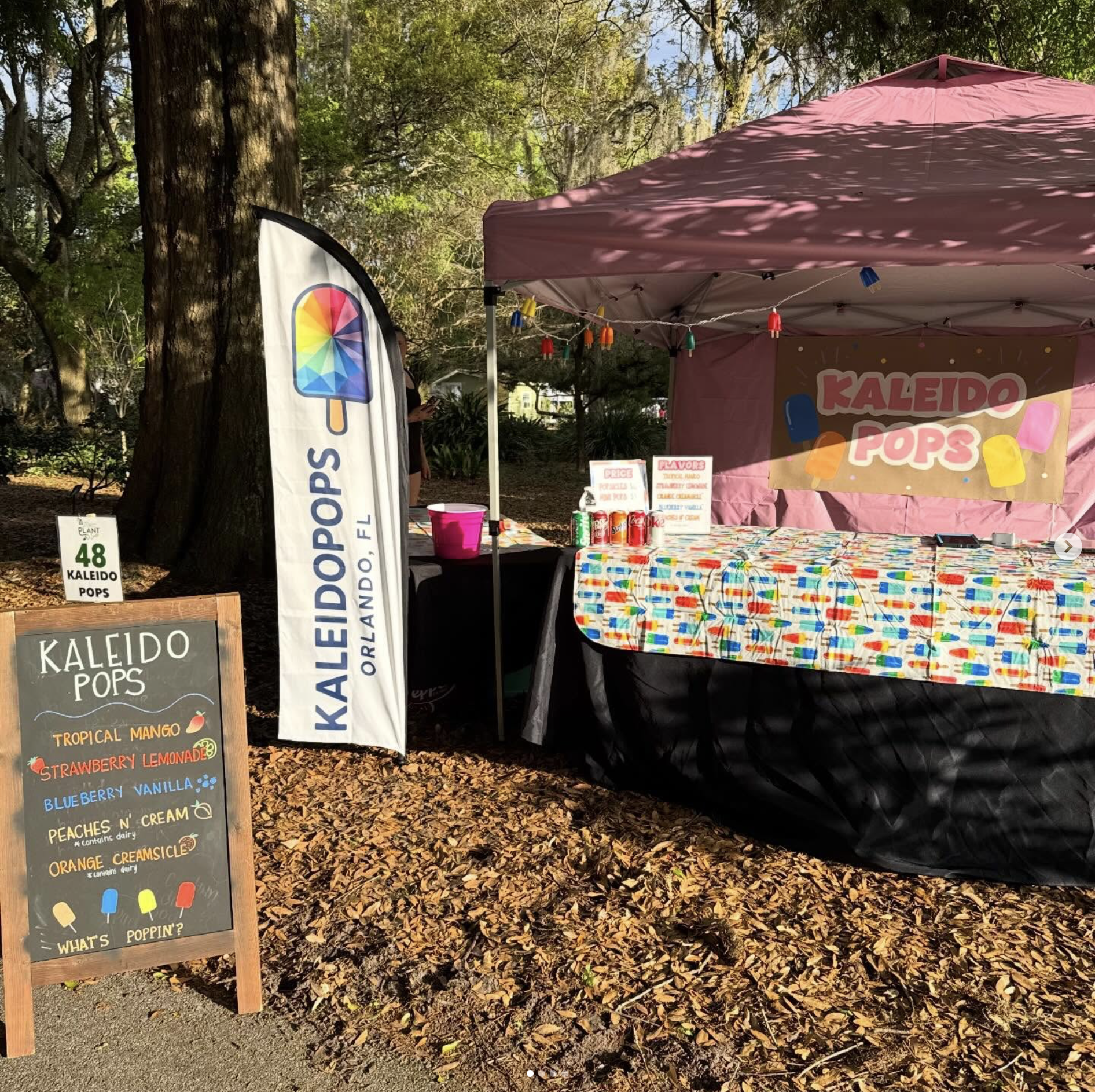A colorful outdoor booth for Kaleido Pops, a popsicle stand, decorated with a pink canopy and a table with a vibrant pop art patterned tablecloth. There is a vertical banner with a rainbow popsicle and the stand's name. A chalkboard sign lists flavors like tropical mango, strawberry lemonade, blueberry vanilla, peaches 'n' cream, and orange creamsicle. The booth is set in a wooded area with fallen leaves on the ground.