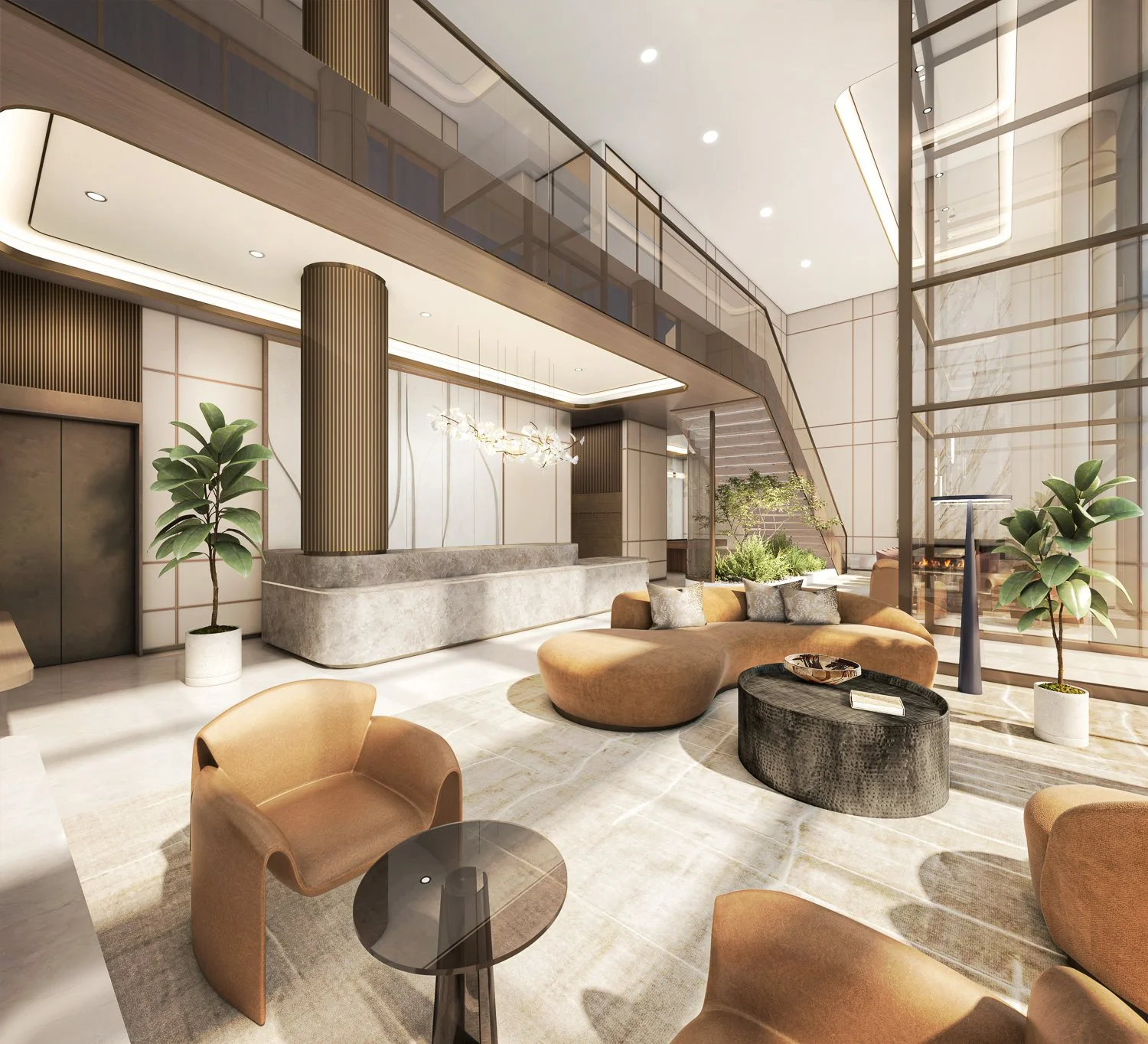 Modern hotel lobby with beige seating, large potted plants, a stone reception desk, and a glass staircase leading to an upper floor.