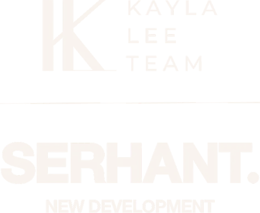 Text on a black background with the logo for Kayla Lee Team at the top left, and the words 'SERHANT' in large white letters below, with a caption 'New Development' underneath.