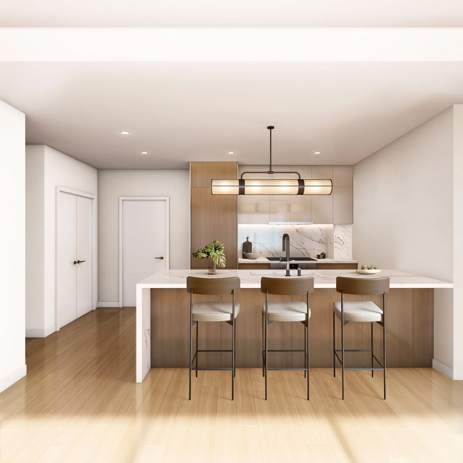 Modern kitchen with a marble island, three chairs, wooden cabinets, and a marble backsplash. There is a black faucet and lighting fixture above the island, and a small potted plant on the counter.