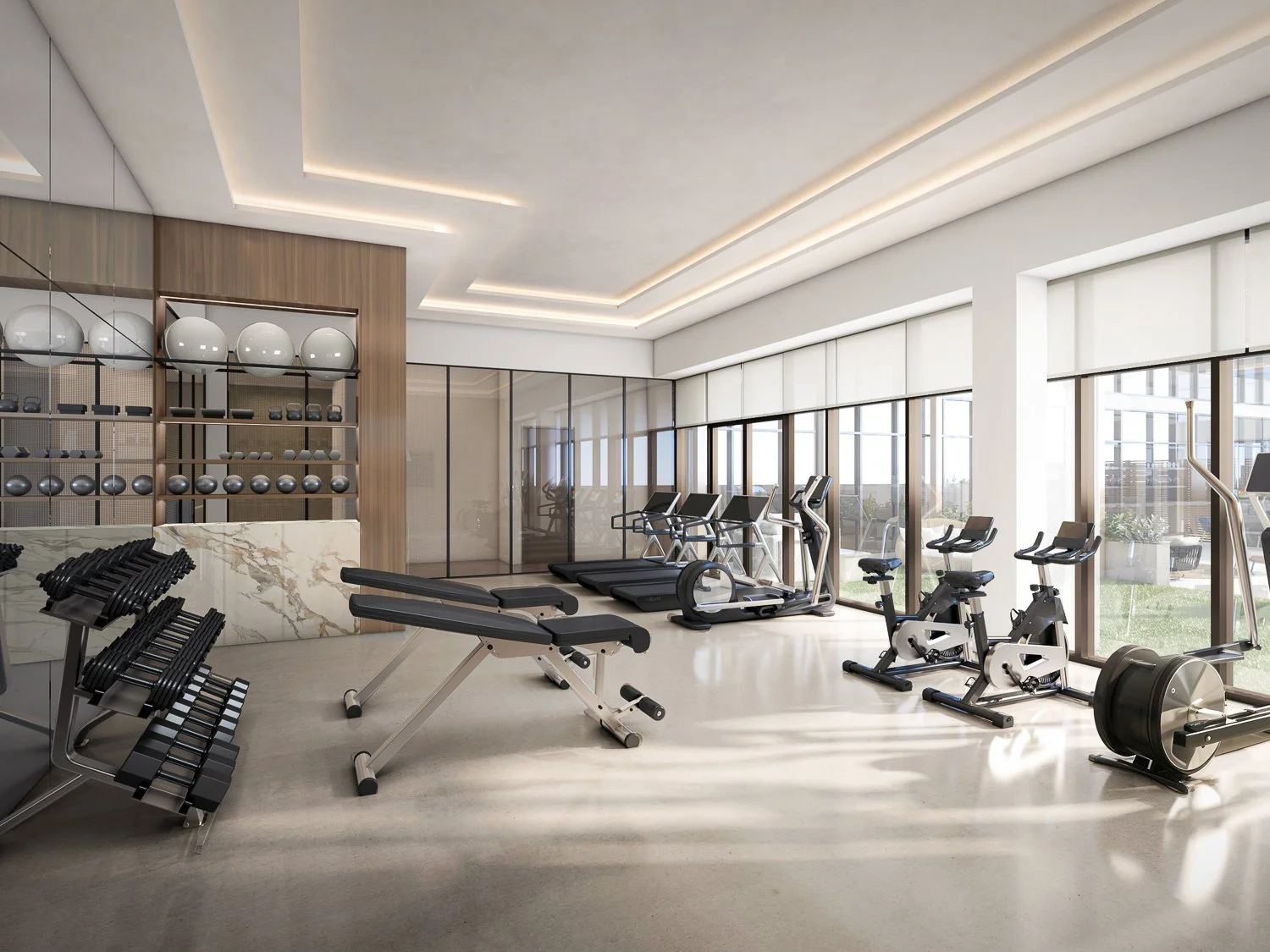 Modern gym with cardio machines, free weights, and exercise benches, illuminated by large windows.