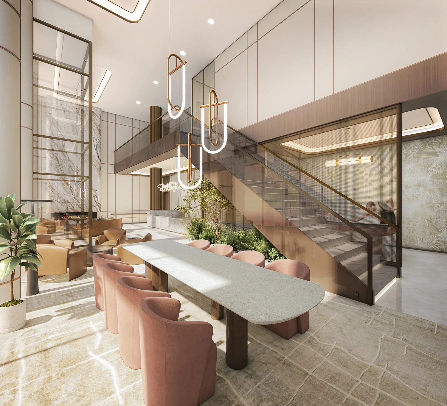 Modern lobby with pink chairs around a large white table, greenery, a marble fireplace, stairs with a glass and metal railing, and contemporary lighting fixtures.