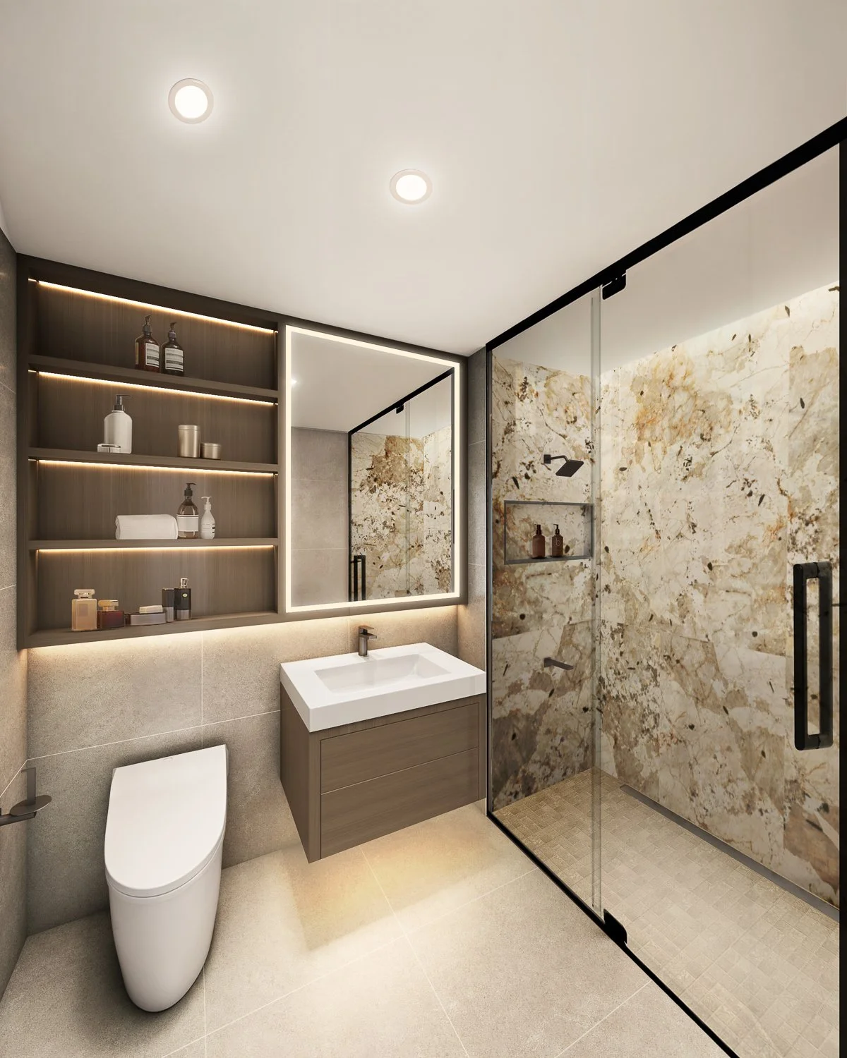 Modern bathroom with a glass shower, wooden vanity with white sink and black faucet, wall shelf with toiletries, illuminated mirror, and toilet.