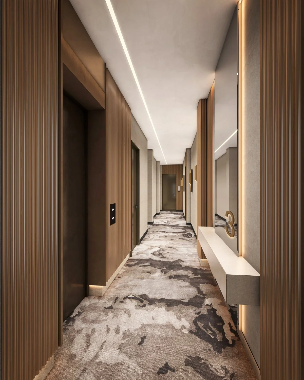 Modern hotel hallway with wooden wall panels, marble flooring, and LED strip lighting on the ceiling. There is a bench with a number 3 sign on the wall.