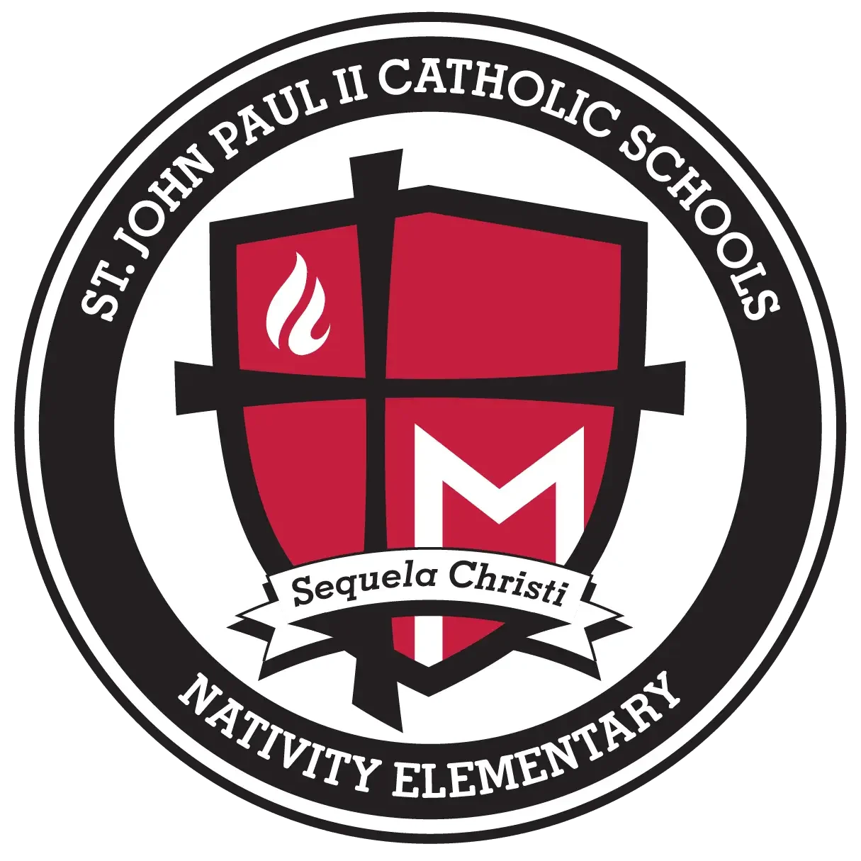 Emblem for Nativitiy Elementary School featuring a shield with a cross, flame, and letter M, with the Latin phrase 'Sequela Christi' on a banner, and text around the edge stating "St. John Paul II Catholic Schools".