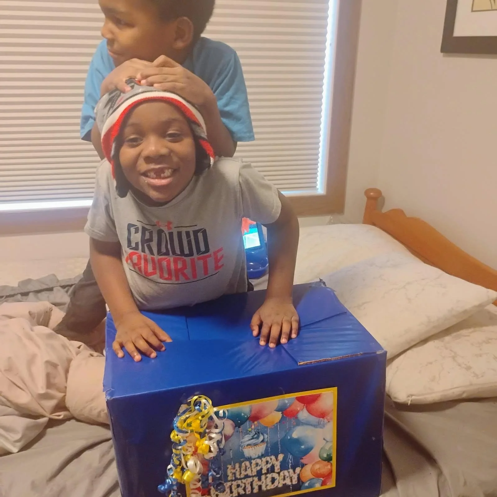 He was so over JOYED to receive his  birthday party box.