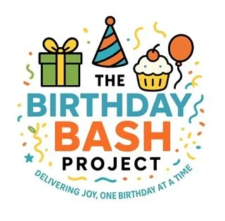 Illustration of a birthday celebration with a wrapped gift, a party hat, a cupcake, a balloon, and confetti. Text reads 'The Birthday Bash Project' with a tagline 'Delivering joy, one birthday at a time.'
